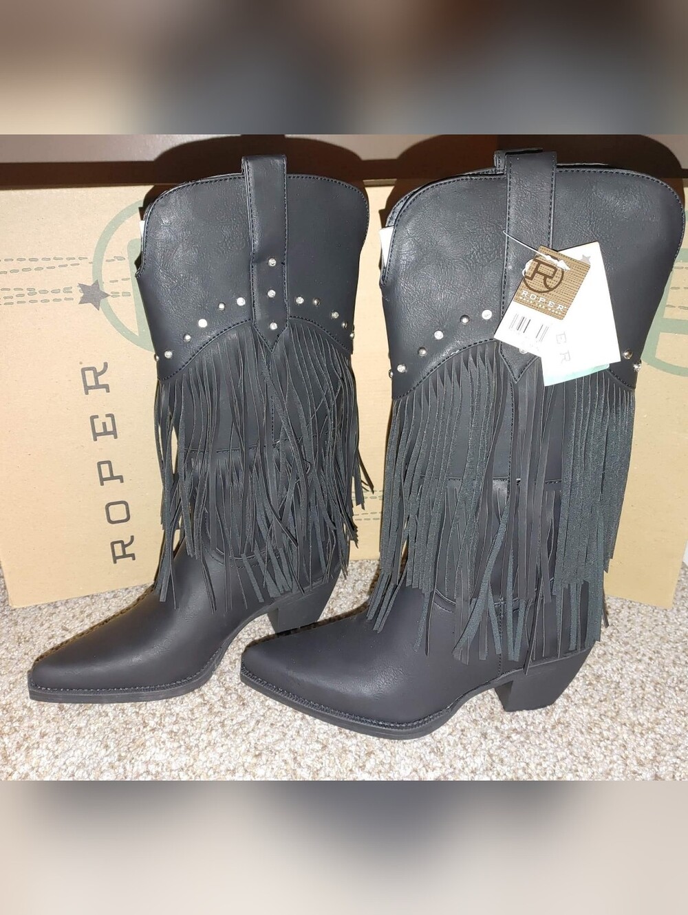 Roper Black Fringe Western Heeled Boots with Stud Accents